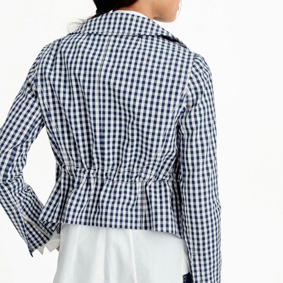 J. CREW Collection Size 8 Navy White Gingham Moto Asym Zip Jacket - Picture 2 of 13